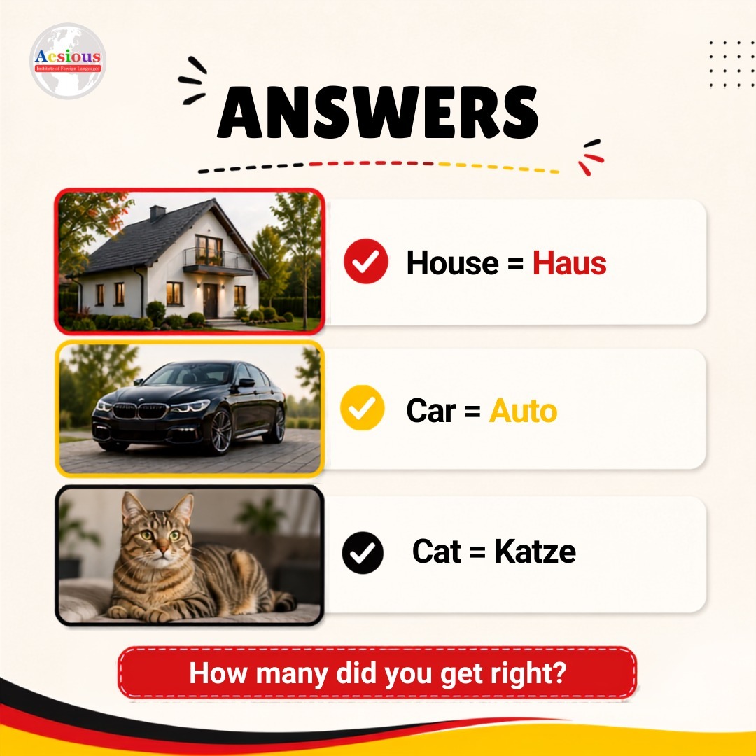 German Words German vocabulary quiz showing Haus, Auto and Katze for beginners at Aesious Institute Aundh Pune